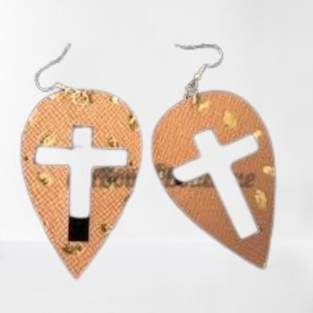 ❤️HOST PICK❤️ Brown w/ Gold Cross Cutout Faux Leather Earring ER1573 Handmade - Picture 5 of 5
